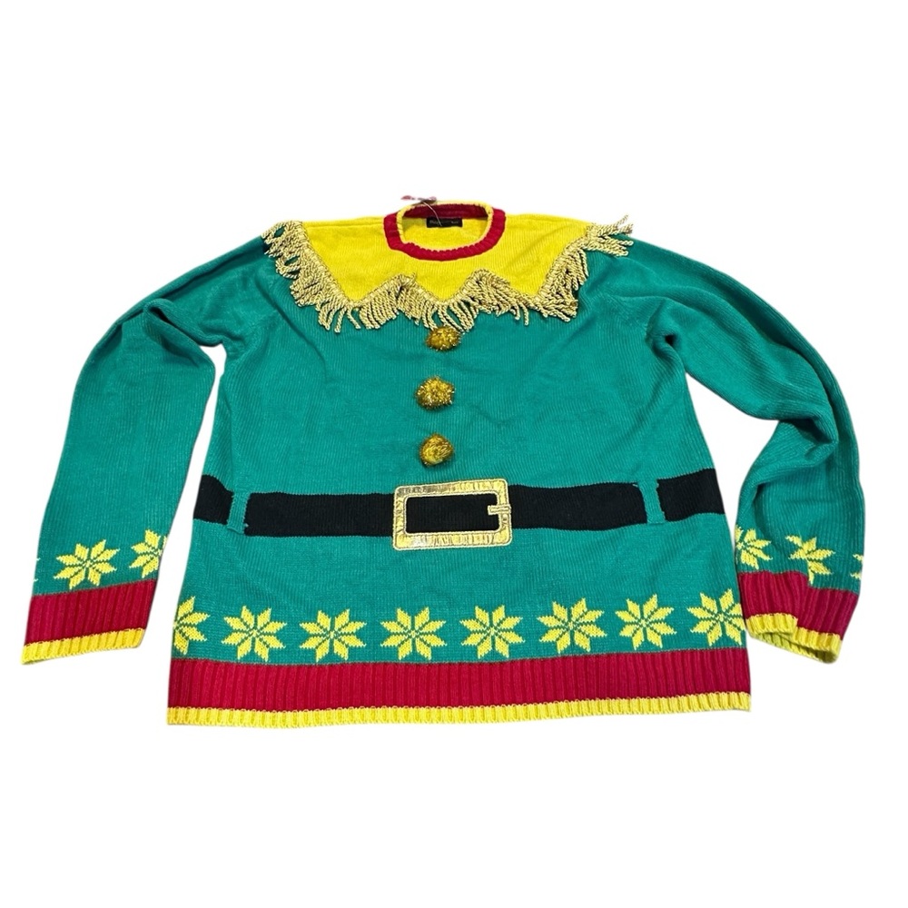 Blizzard Bay Elf Christmas‎ Sweater Green Yellow Fringe medium or XL